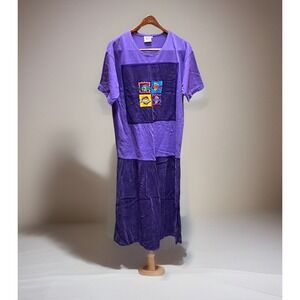 Vintage 90s JOHNNY WAS T-Shirt Dress Purple Embroidered‎ Fish | Sz Sm
